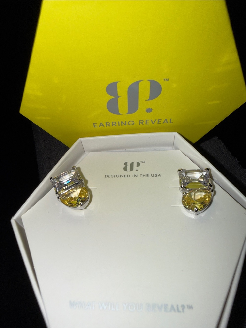 Earring Reveal Silver-Tone Stud Earrings with Clear and Yellow Stones